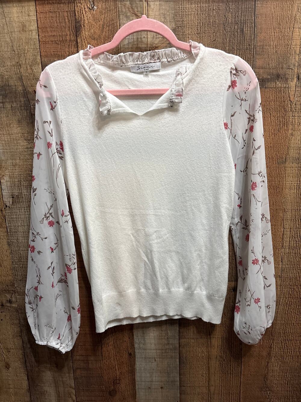 Sioni Milano Mixed-Media Sweater Blouse with Floral Sheer Sleeves & Ruffle Neck